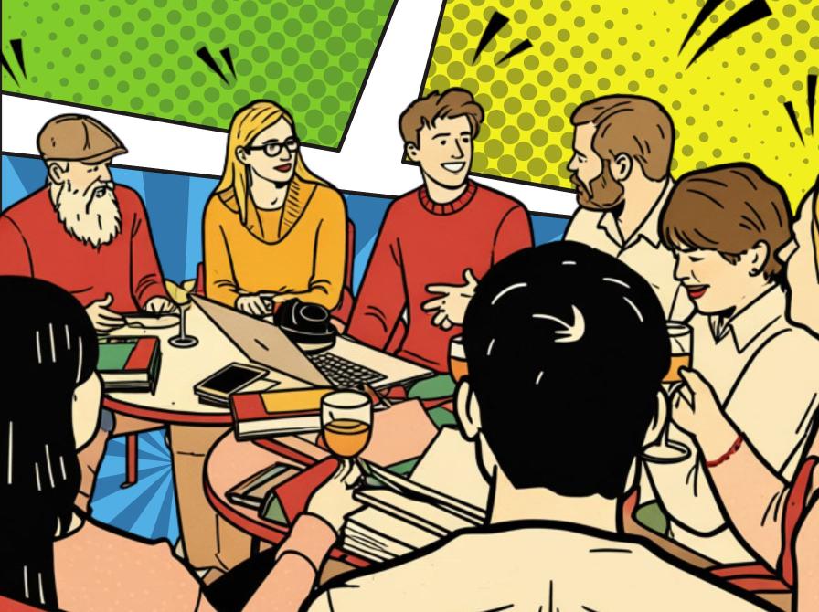 Tegnet scene af en læsegruppe, der taler sammen rundt om et bord.